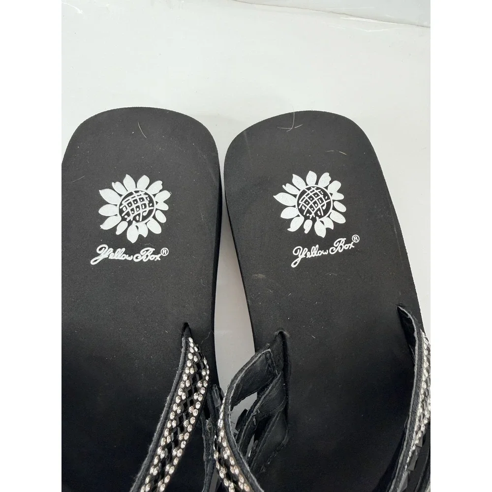 Yellow Box‎ Sandals Womens 5.5 Black Wedge Rhinestone Thong Flip Flop - Picture 6 of 9